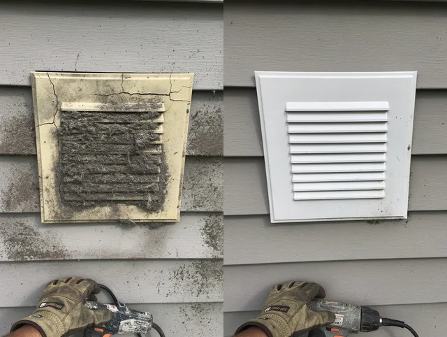 Portsmouth Dryer Vent Cleaning technician installing high-quality dryer vent cover at a residential property in Portsmouth