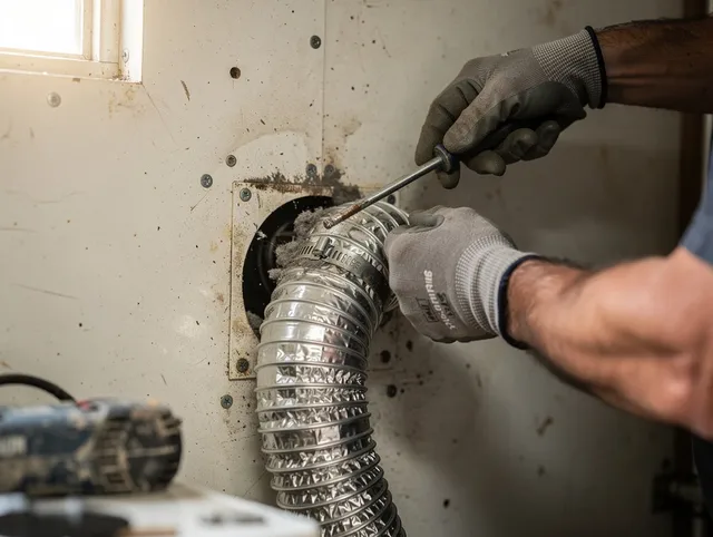 Portsmouth Dryer Vent Cleaning technician performing precise dryer vent hose installation in Portsmouth